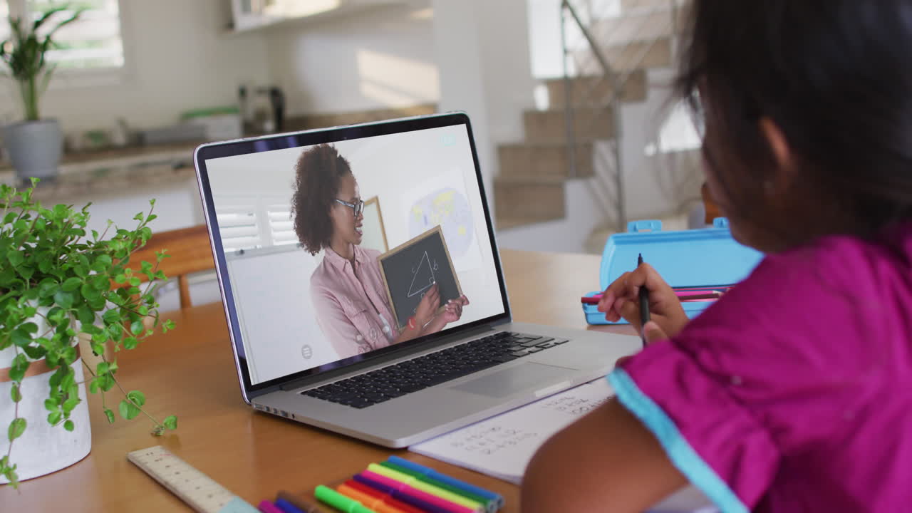 chica afroamericana haciendo la tarea mientras tiene una videollamada con una maestra en una computadora portátil en casa