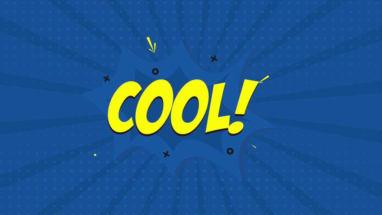 A comic strip cartoon animation, with the word Cool appearing. Blue and halftone background, star shape effect