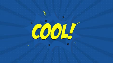 a comic strip cartoon animation, with the word cool appearing. blue and halftone background, star shape effect