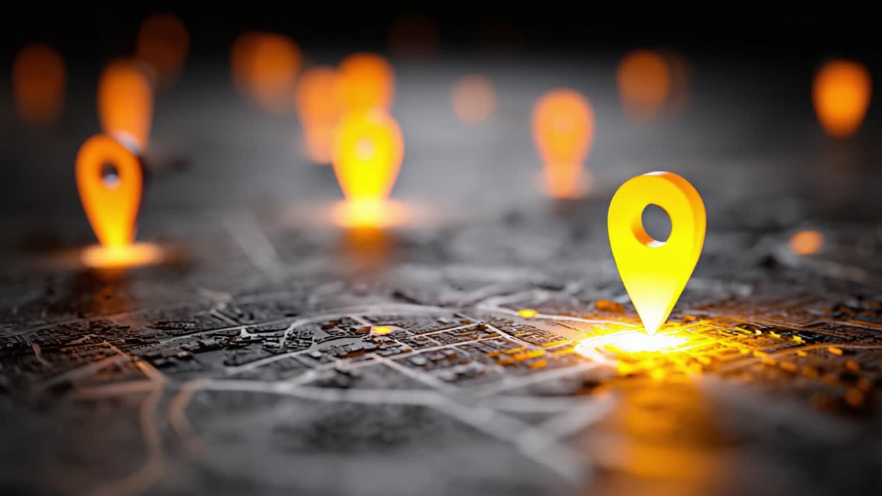 Illuminated Location Markers on a City Map: A Conceptual Visualization of Navigation, Mapping Technology, and Geolocation Services for Modern Exploration
