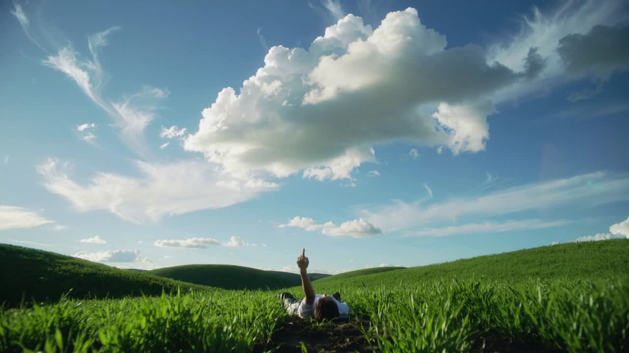 Lying man light shirt dark pants pointing on cleared strip in tall grass meadow, backpack