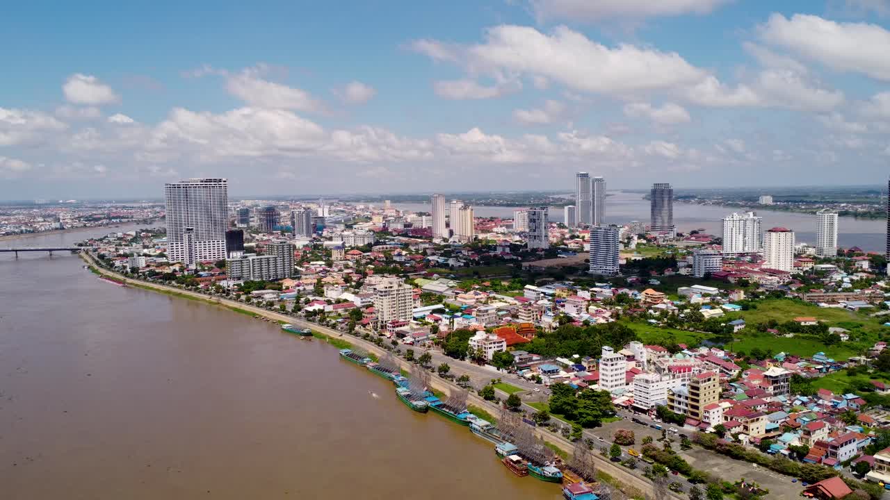 Phnom Penh Cambodia Tonle Sap river, aerial Southeast Asia city building view