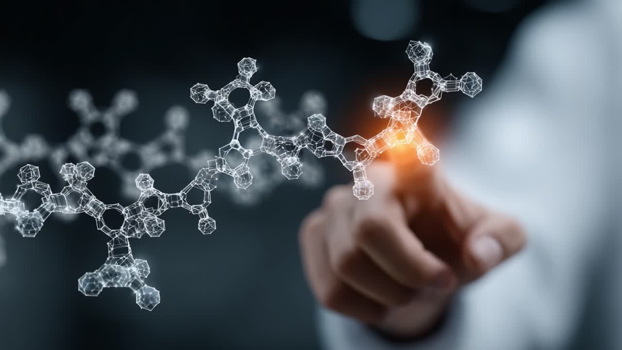 Interazione Molecolare Innovativa: Presentazione di Ricerche All'Avanguardia in Chimica e Biologia Molecolare con la Mano Umana che Interagisce con Strutture Dinamiche.