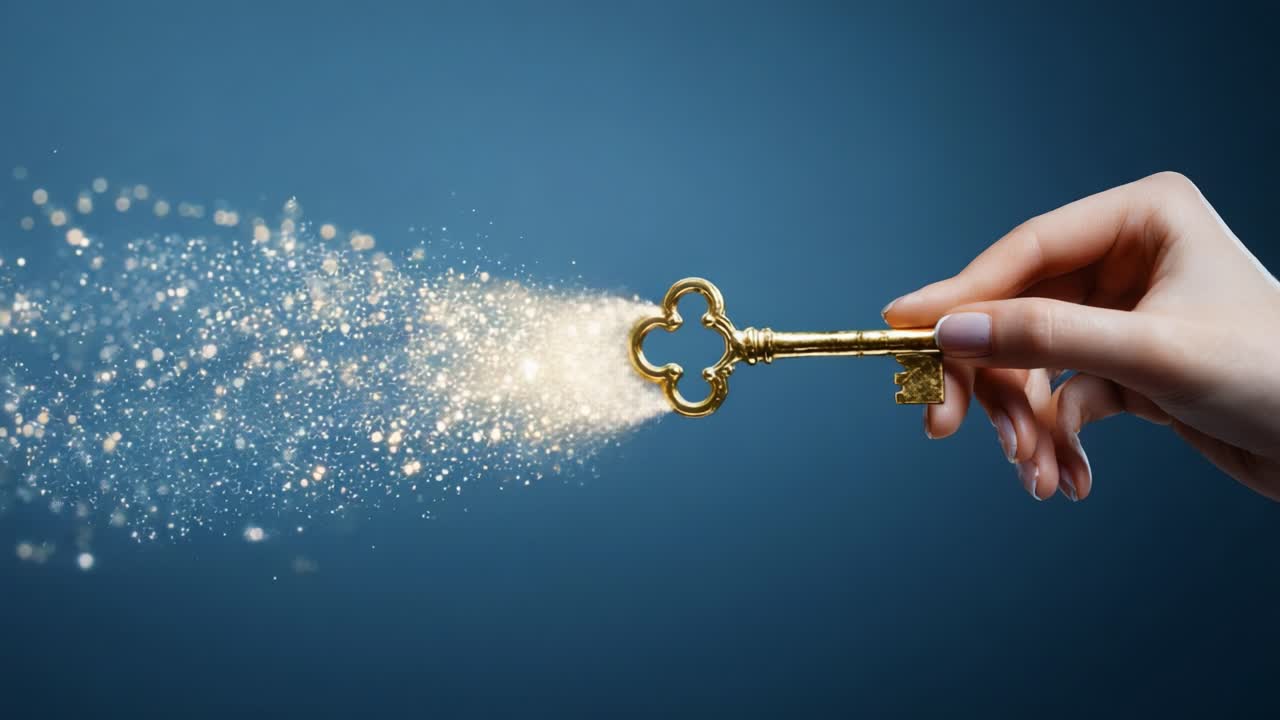 Unlocking Potential: A Hand Holding a Magical Key That Creates a Trail of Sparkling Light in the Air, Signifying Opportunity and New Beginnings in a Mystical Setting