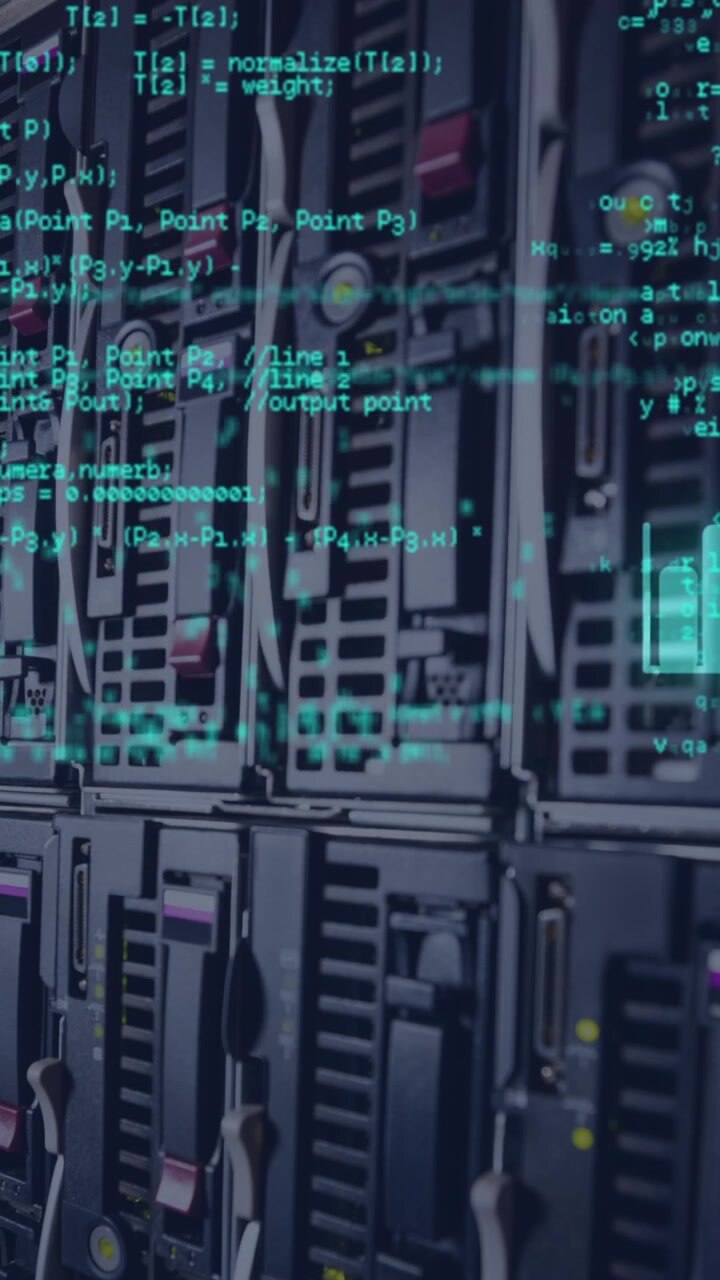 Animation of data processing and media icons over server room
