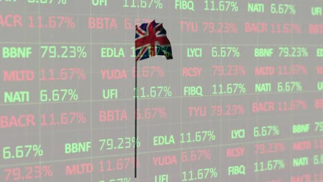 Animation-of-stock-market-data-processing-over-waving-uk-flag-against-grey-background