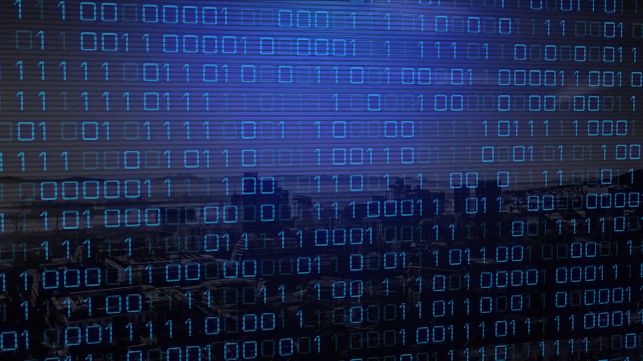 animación del procesamiento de datos binarios en una pantalla alineada de azul oscuro sobre la playa y el paisaje marítimo.