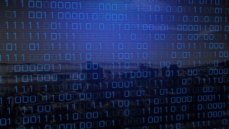 animation of binary data processing on dark blue lined screen over beach and seascape