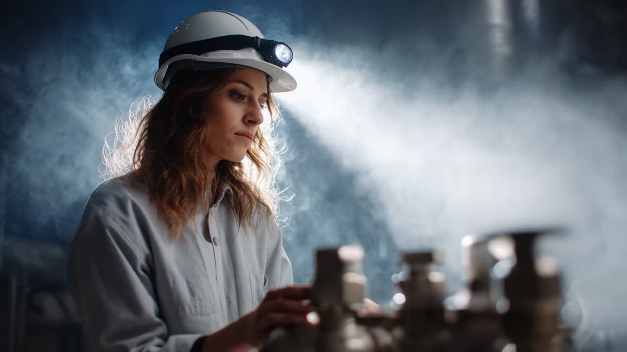 Un'ingegnera concentrata con cappello e lampada frontale, circondata da un ambiente industriale fumoso, lavora intensamente su macchinari, incarnando determinazione e competenza in un ambiente difficile