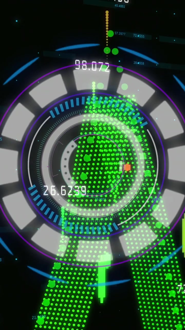 Animation of neon round scanner spinning over financial data processing against black background