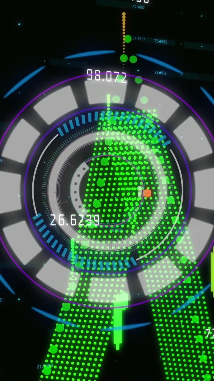 Animation of neon round scanner spinning over financial data processing against black background