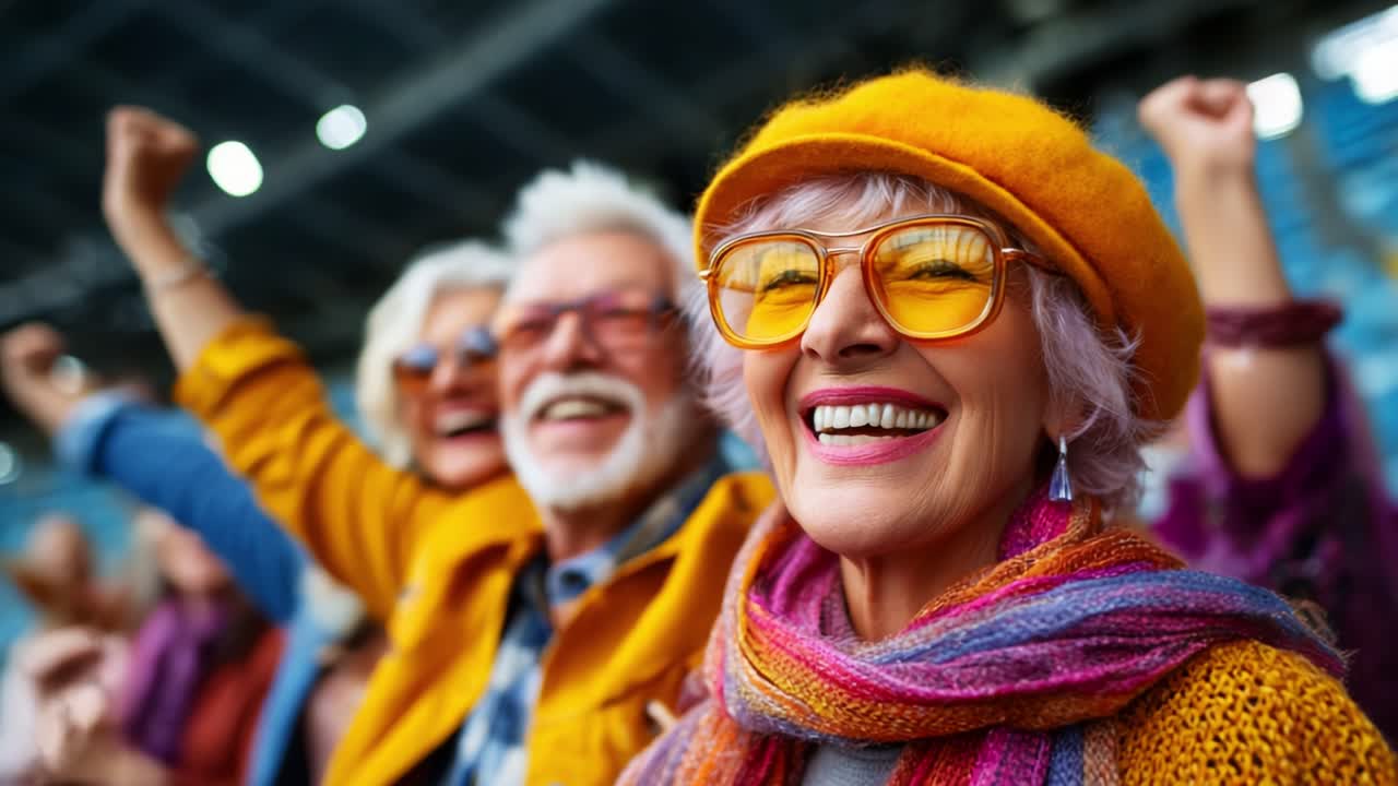 A Joyful Celebration Among Seniors: Enthusiastic Elderly Fans in Bright Colors Expressing Their Excitement and Togetherness in a Stadium Environment with Cheerful Smiles and Vibrant Accessories
