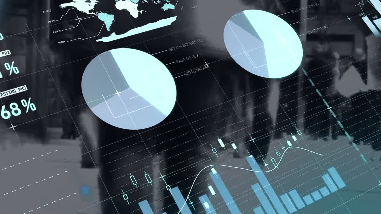 animación de estadísticas y procesamiento de datos financieros sobre personas que caminan por la calle de la ciudad