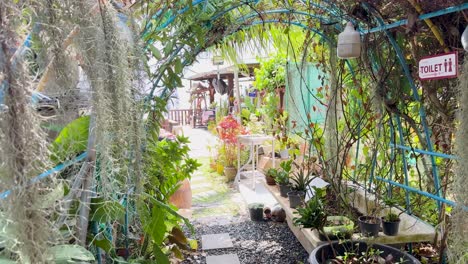 a serene walk through a vibrant plant nursery with ocean views, captured in bright daylight at a clifftop restaurant