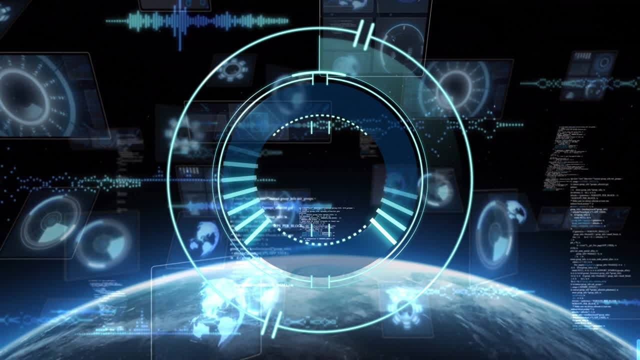 Futuristic digital interface animation over Earth with glowing blue elements