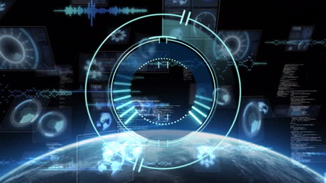 futuristic digital interface animation over earth with glowing blue elements