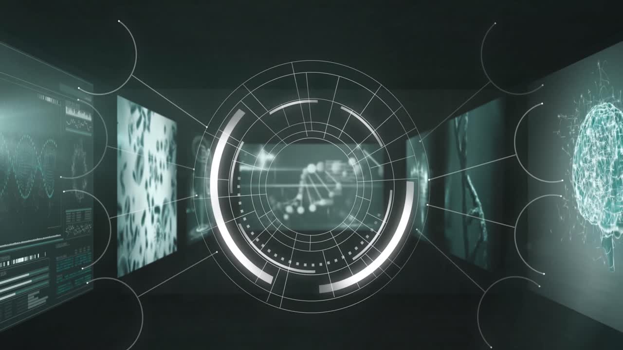 animación de un escáner redondo girando contra pantallas con procesamiento de datos médicos en fondo negro