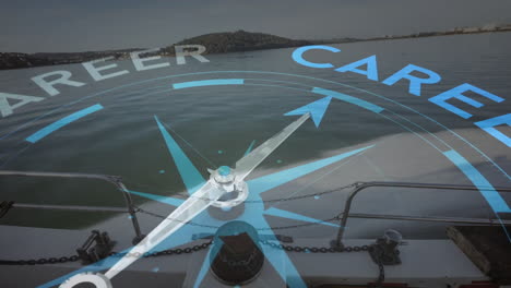 career animation overlaying compass and calm water view from boat