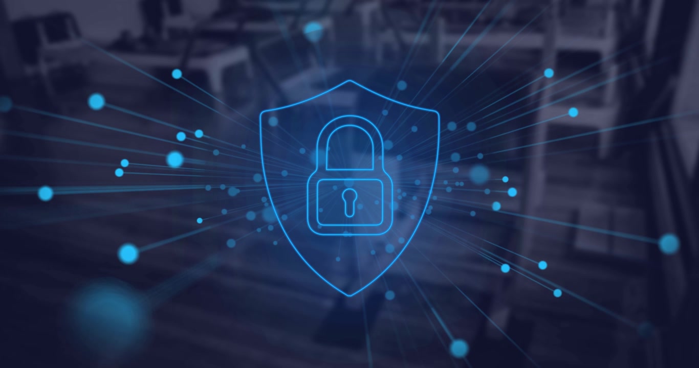 Animation of blue glowing spots and security padlock icon against empty office