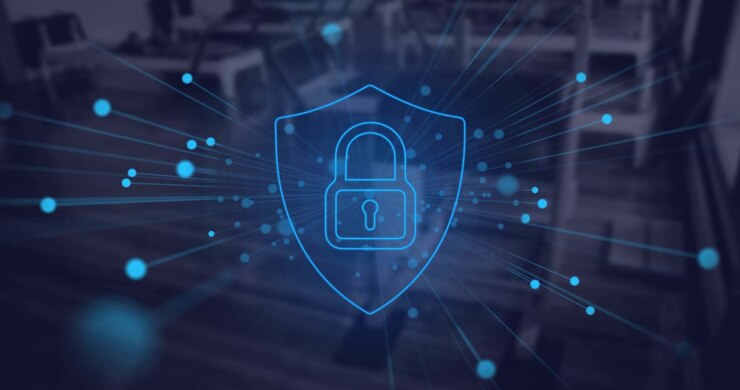Animazione di punti blu luminosi e icona di lucchetto di sicurezza su sfondo di un ufficio vuoto.