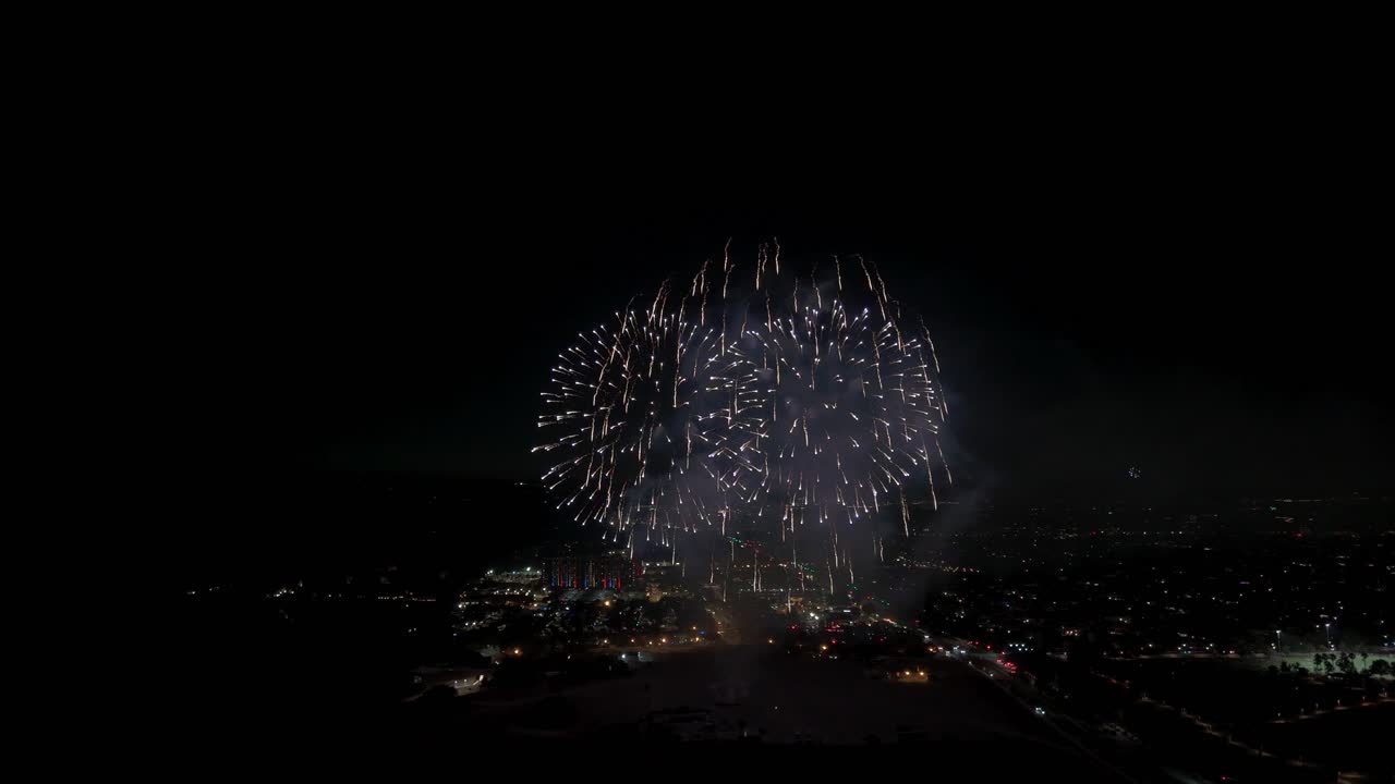 Festivity With Fireworks Display In Temecula, California On The 4th Of July. Slow Motion Shot