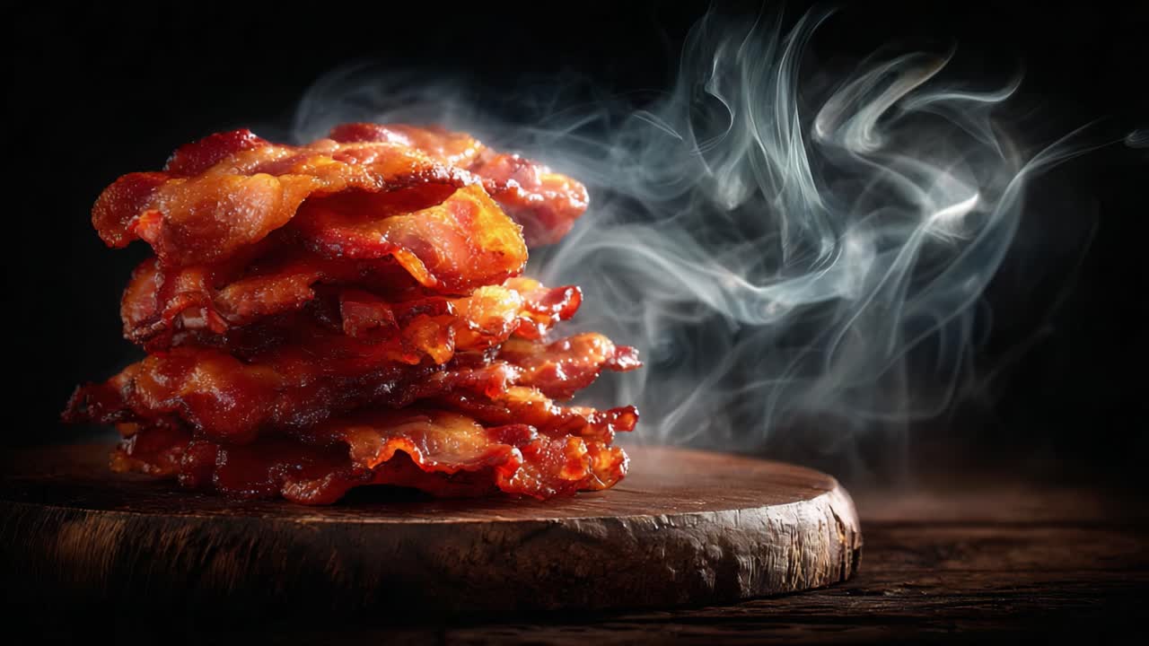A Delicious Stack of Crispy Bacon with a Smoky Aroma Captured in Stunning Detail, Perfect for Food Lovers and Culinary Enthusiasts
