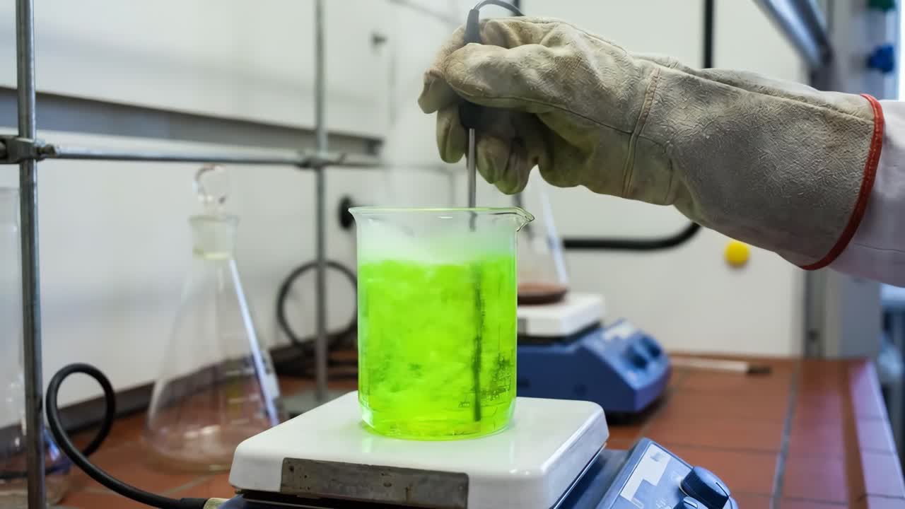 Gloved Hand Stirring Bright Green Liquid in a Laboratory Beaker