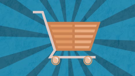 animation of online shopping trolley icon on blue spinning stripes