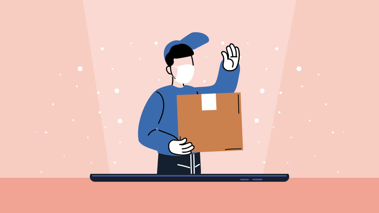 안전한 배달 택배자 의료 마스크를 착용 카튼 상자