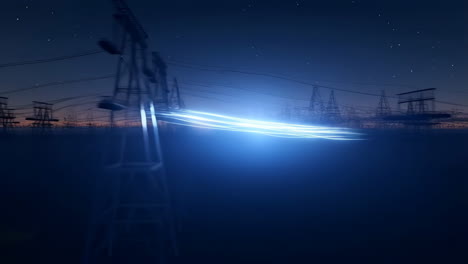 glowing blue energy flow through futuristic power lines at night