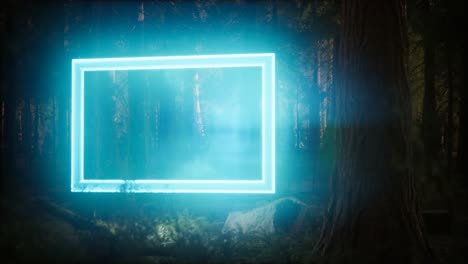 neon glowing rectangle frame in the night forest