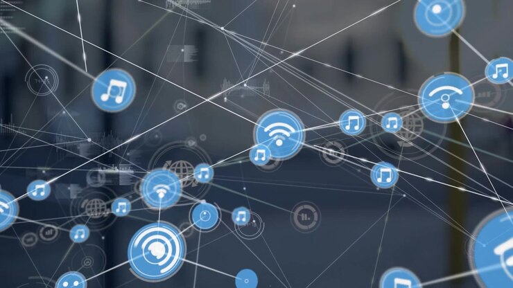 Animation of network of digital icons and data processing against city traffic