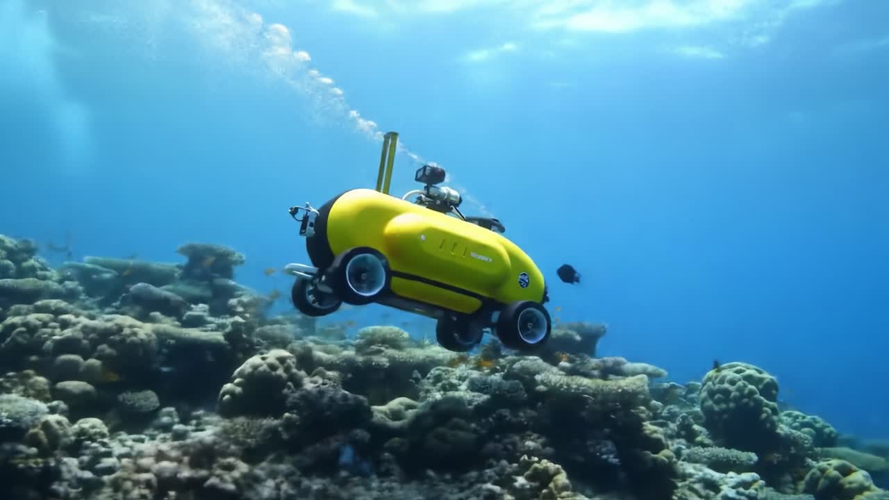 A yellow submersible navigates through a colorful coral reef, capturing marine life and the beauty of underwater ecosystems. The exploration reveals stunning biodiversity and aquatic wonders.