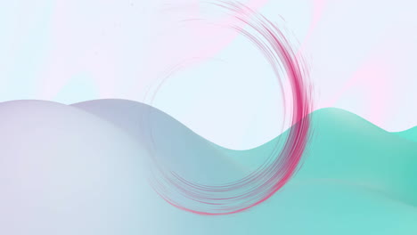 abstract animation with swirling pink circle over pastel-colored wavy background