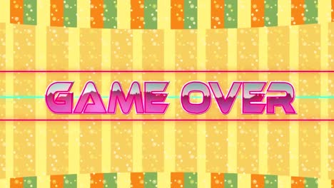 Animation-of-game-over-text-in-metallic-pink-over-neon-lines-and-yellow-background