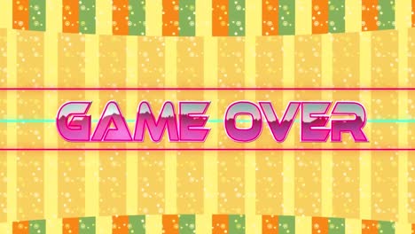 animation of game over text in metallic pink over neon lines and yellow background