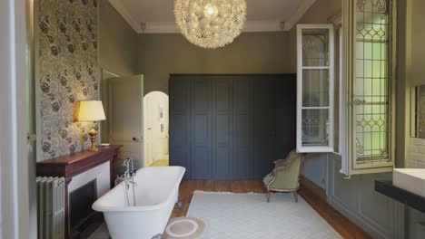 indoor architectural view of a beautiful bathroom in a small castle, with beautiful decoration and a bathtub