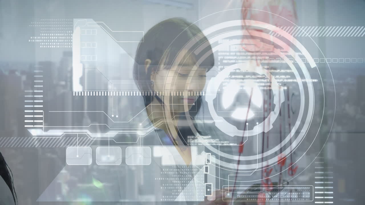 animación de procesamiento de datos sobre una trabajadora de laboratorio de dos razas que utiliza una tableta