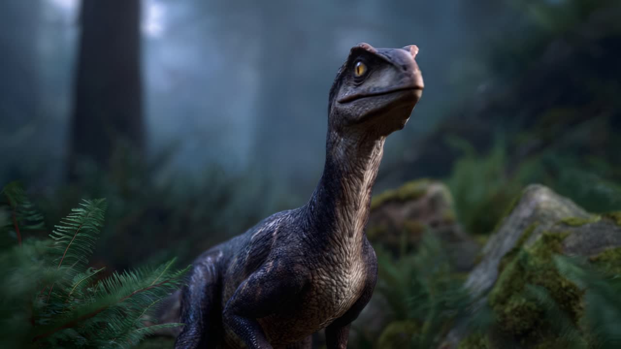 Un incontro affascinante con un dinosauro realistico in un ambiente forestale nebbioso cattura l'essenza della vita preistorica con realismo e dettagli mozzafiato.