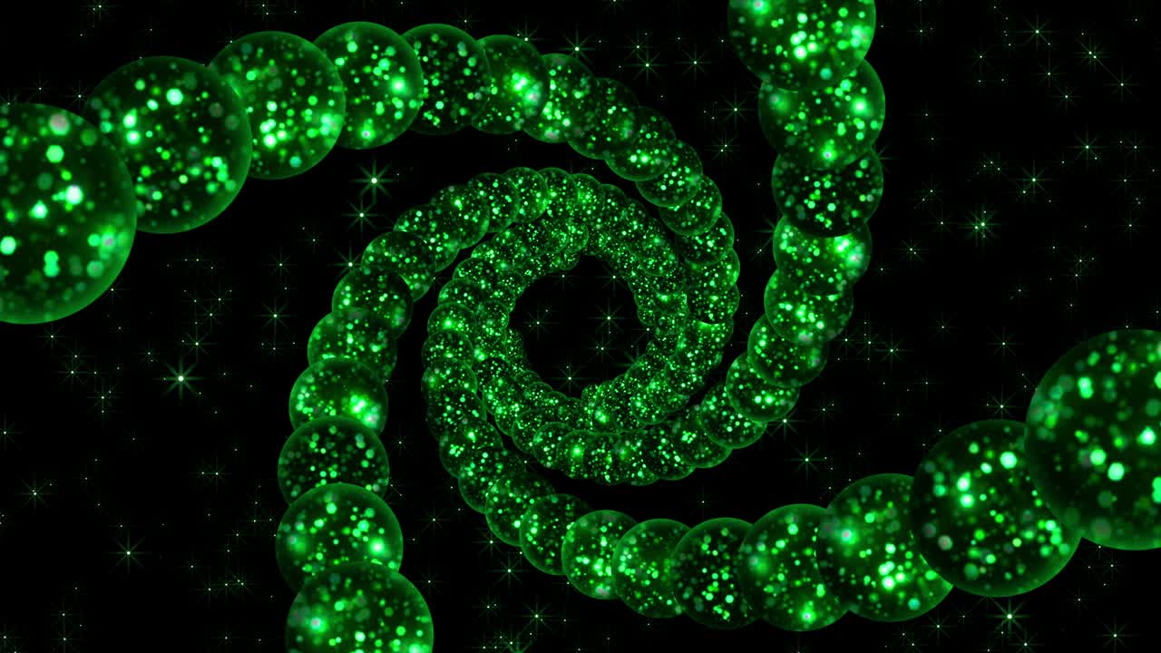 блестящие зеленые частицы в шарах. спиральное движение. мерцание и блеск. абстрактный фон для нового года и рождества.