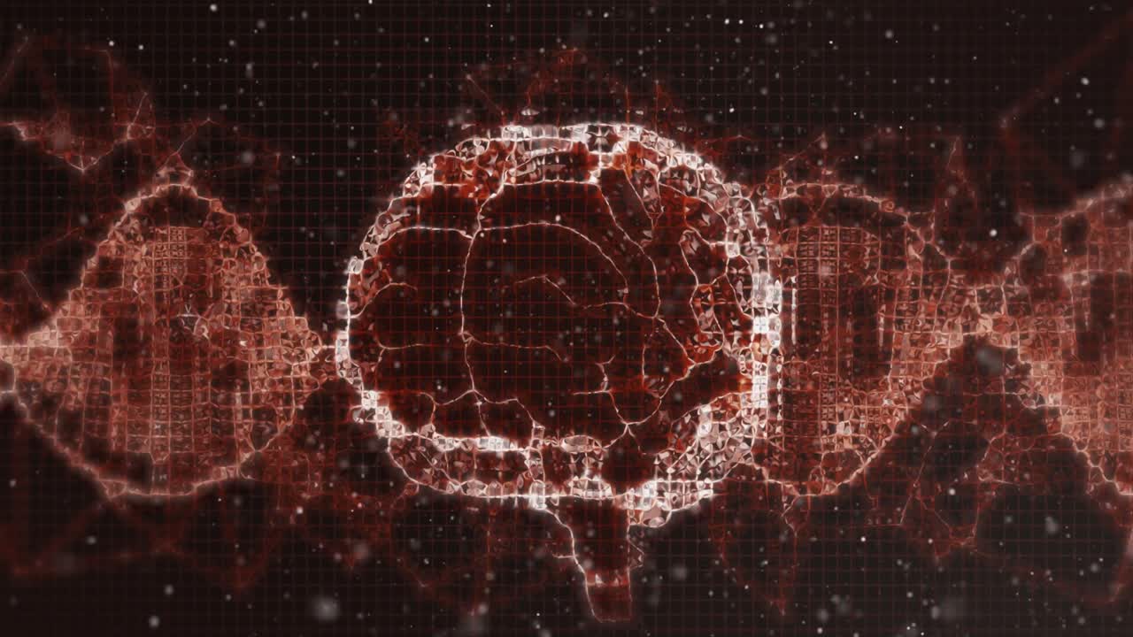 검은 바탕에 있는 빨간색 디지털 파도에 대해 회전하는 인간의 뇌