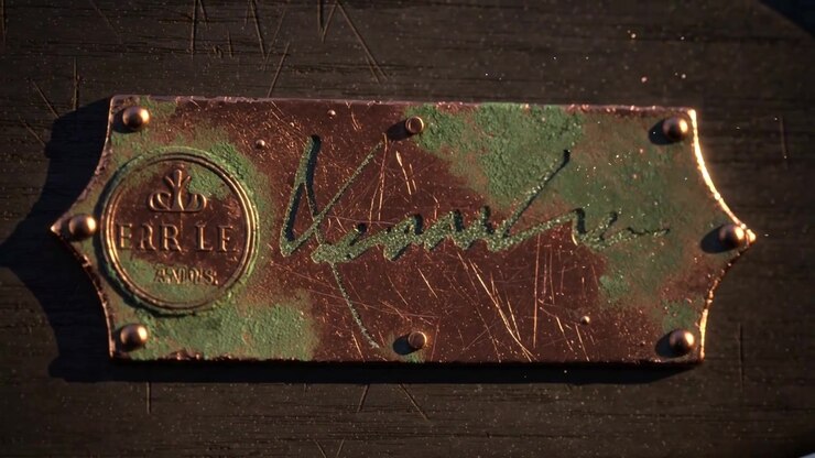 Oxidizing Copper Nameplate with Engraved Signature on Dark Wood