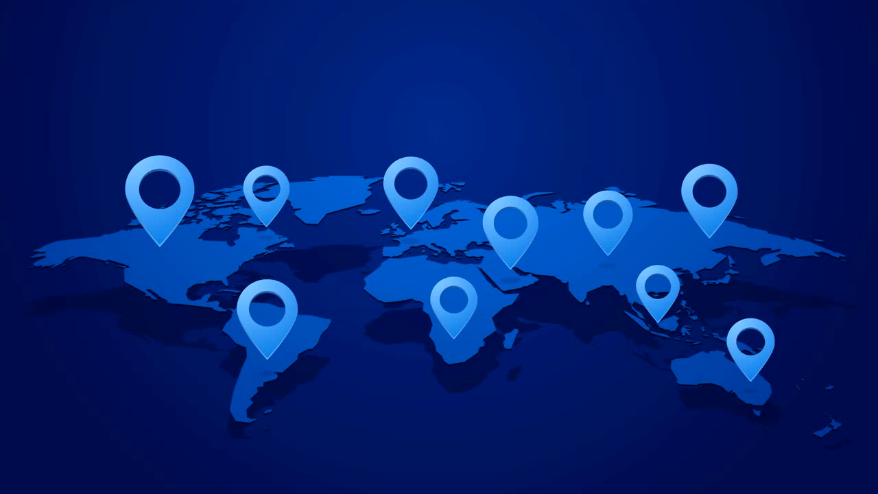 mapa del mundo azul con alfileres para determinar la ubicación en el planeta tierra bucle infinito