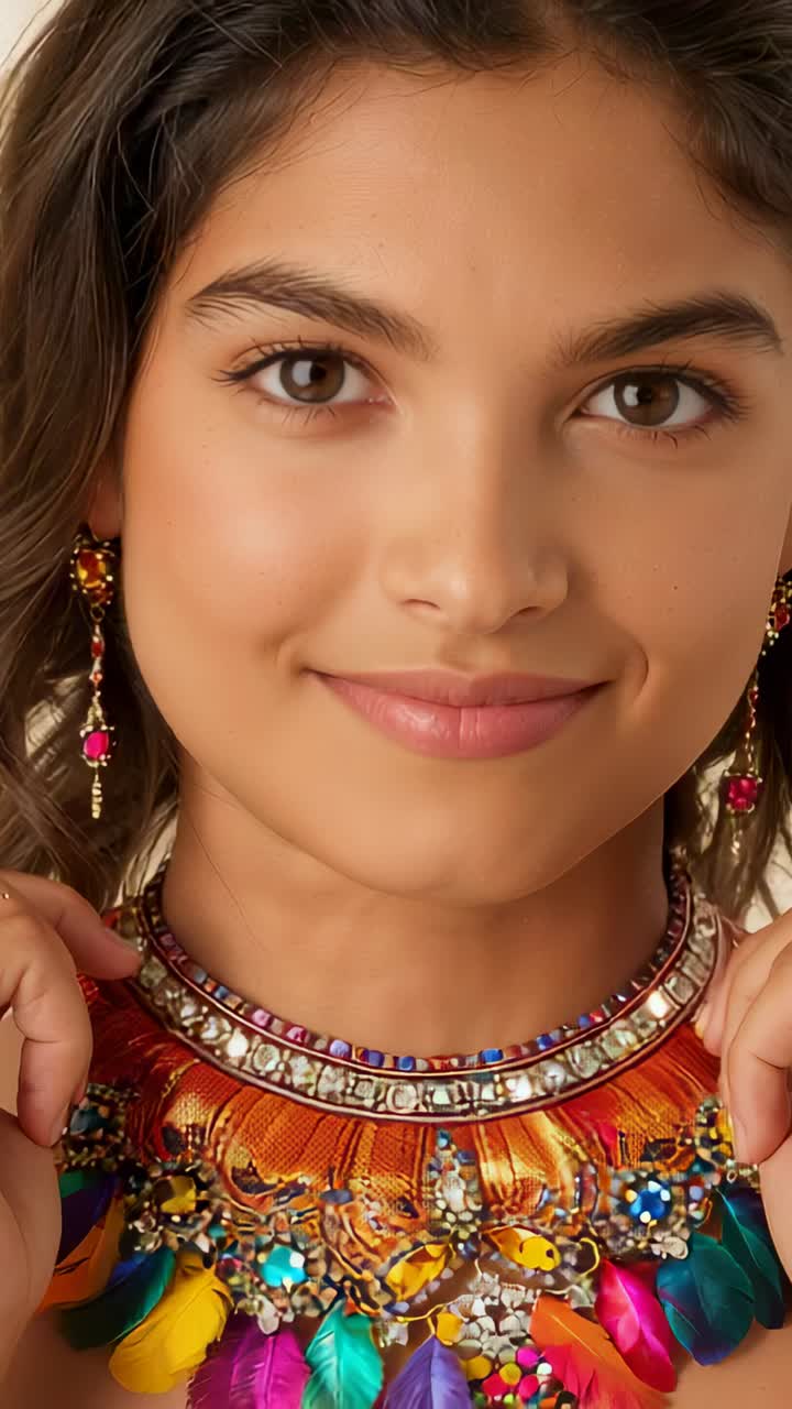 Vertical video: Holding necklace, woman in studio lowering hands, shifting gaze, showing earrings