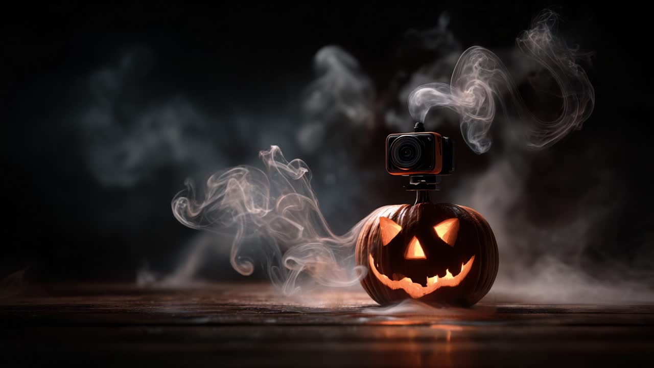 A Spooky Halloween Scene Featuring a Smiling Jack-o'-Lantern Emitting Wisps of Smoke, with a Camera Perched on Top, Perfectly Capturing the Mystique of the Season