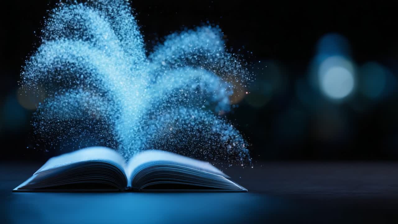Un libro aperto incantato che rilascia una nuvola scintillante di luce e particelle, che evoca immaginazione e meraviglia in un'atmosfera magica di oscurità