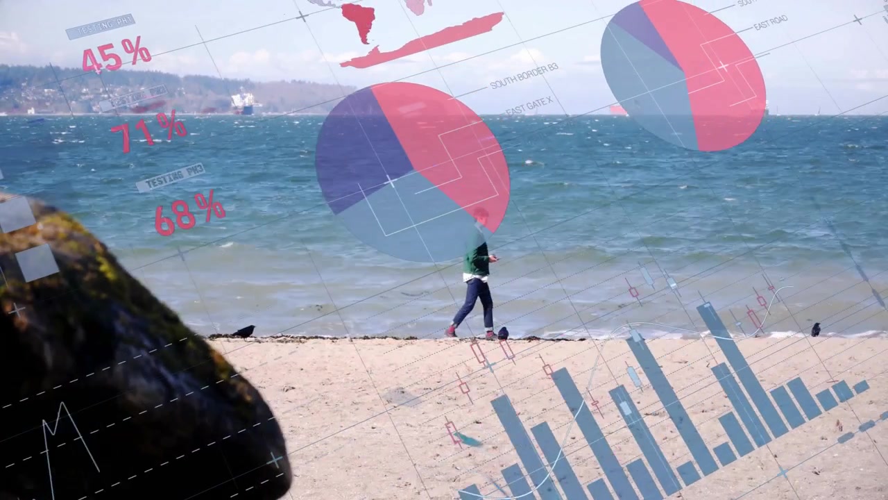 Man walking along sandy shore with phone data overlaying pie charts and bars in flat design