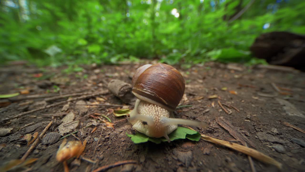 un video de primer plano de un pequeño caracol de jardín arrastrándose por el suelo del bosque