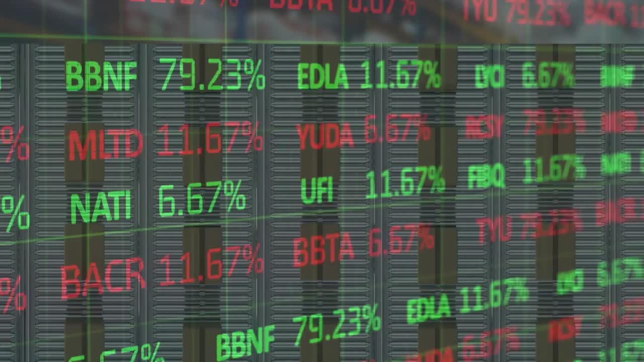 Animazione di elaborazione dati finanziari su scatole di cartone su un nastro trasportatore in un magazzino