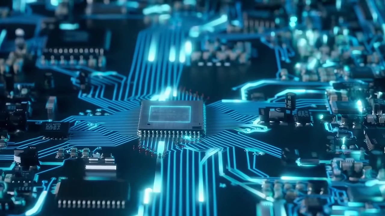 Close-up of a Computer Circuit Board with Glowing Data Streams
